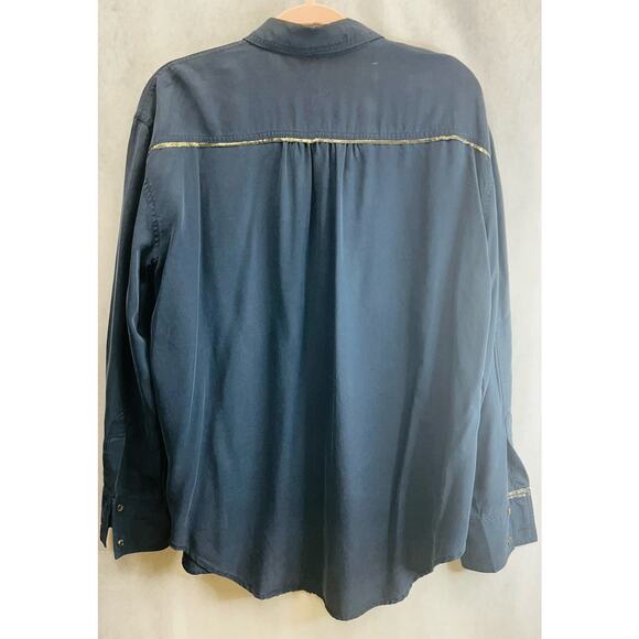 Free People Women Off Campus Metallic Detail Navy Button Up Shirt Size L… - Picture 5 of 11